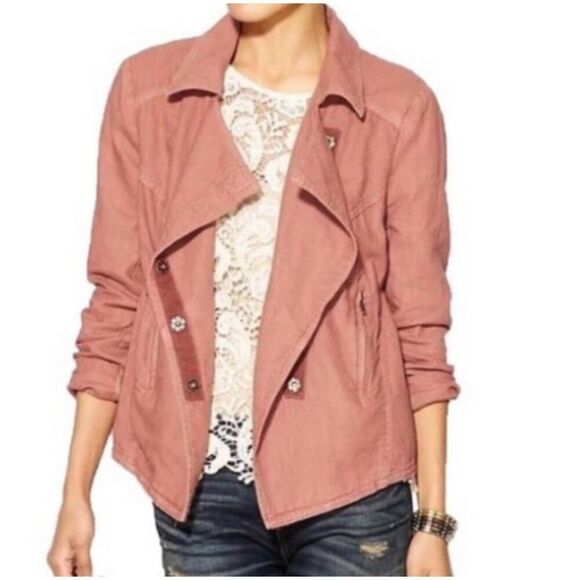 Free People Rosewood Moto Jacket Women's XS Pink Long Sleeve Collared Linen Blen - Picture 2 of 9